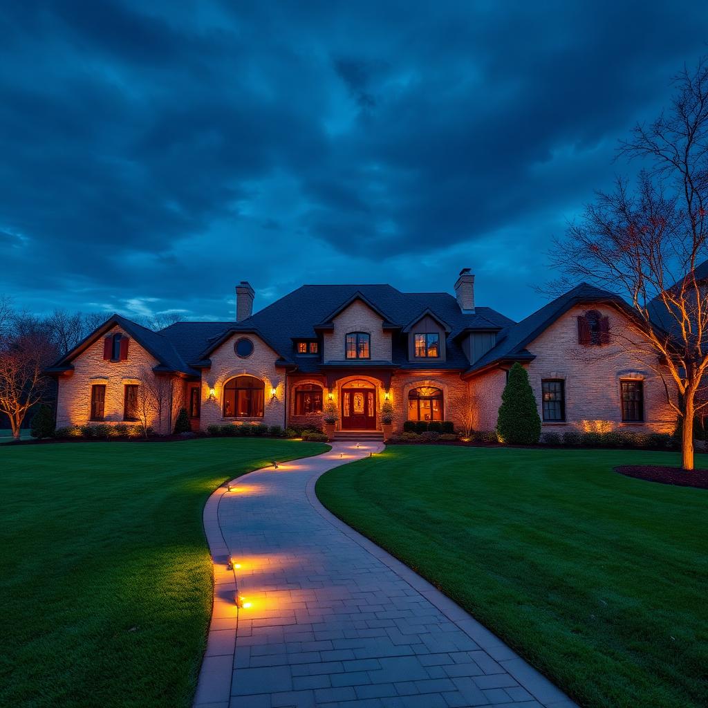 Estate home with full architectural landscape lighting at twilight