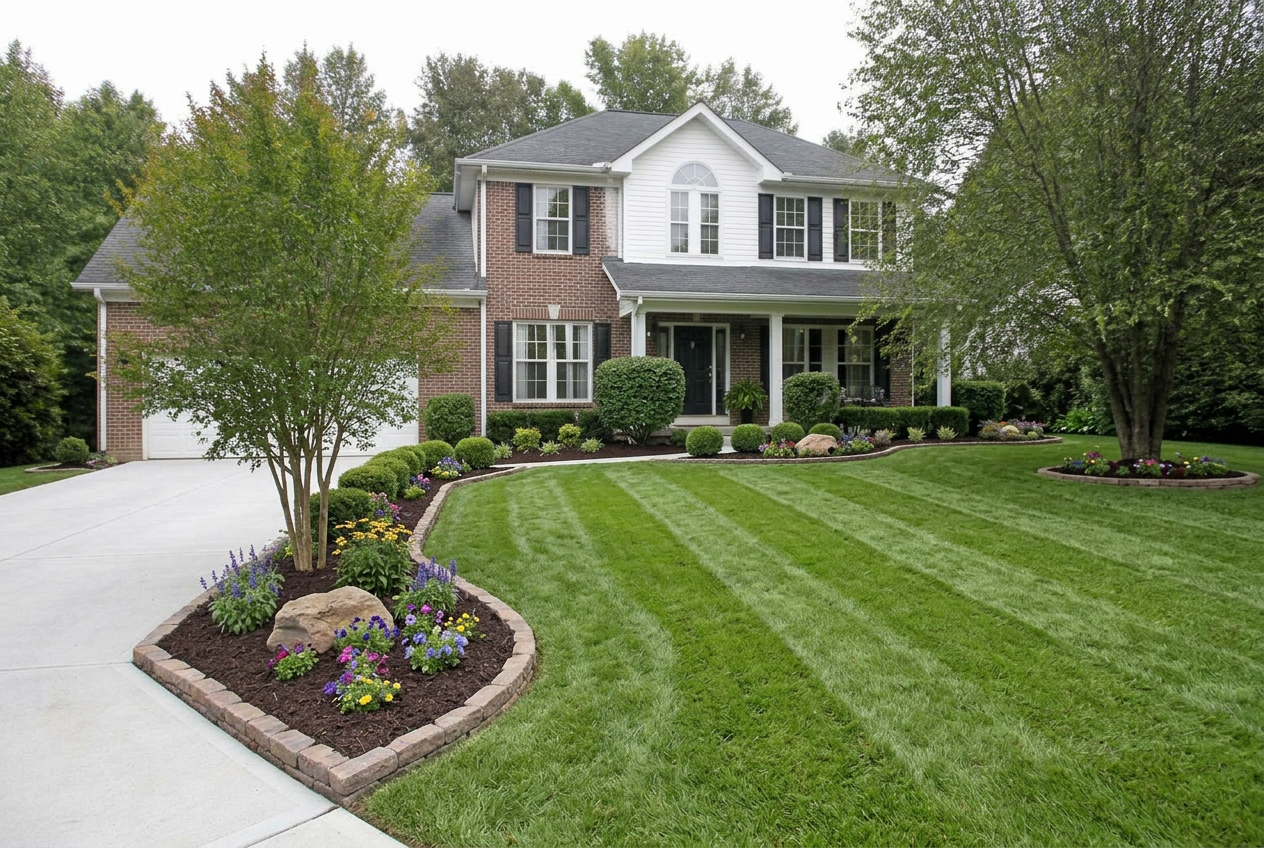 Professionally landscaped front yard, after